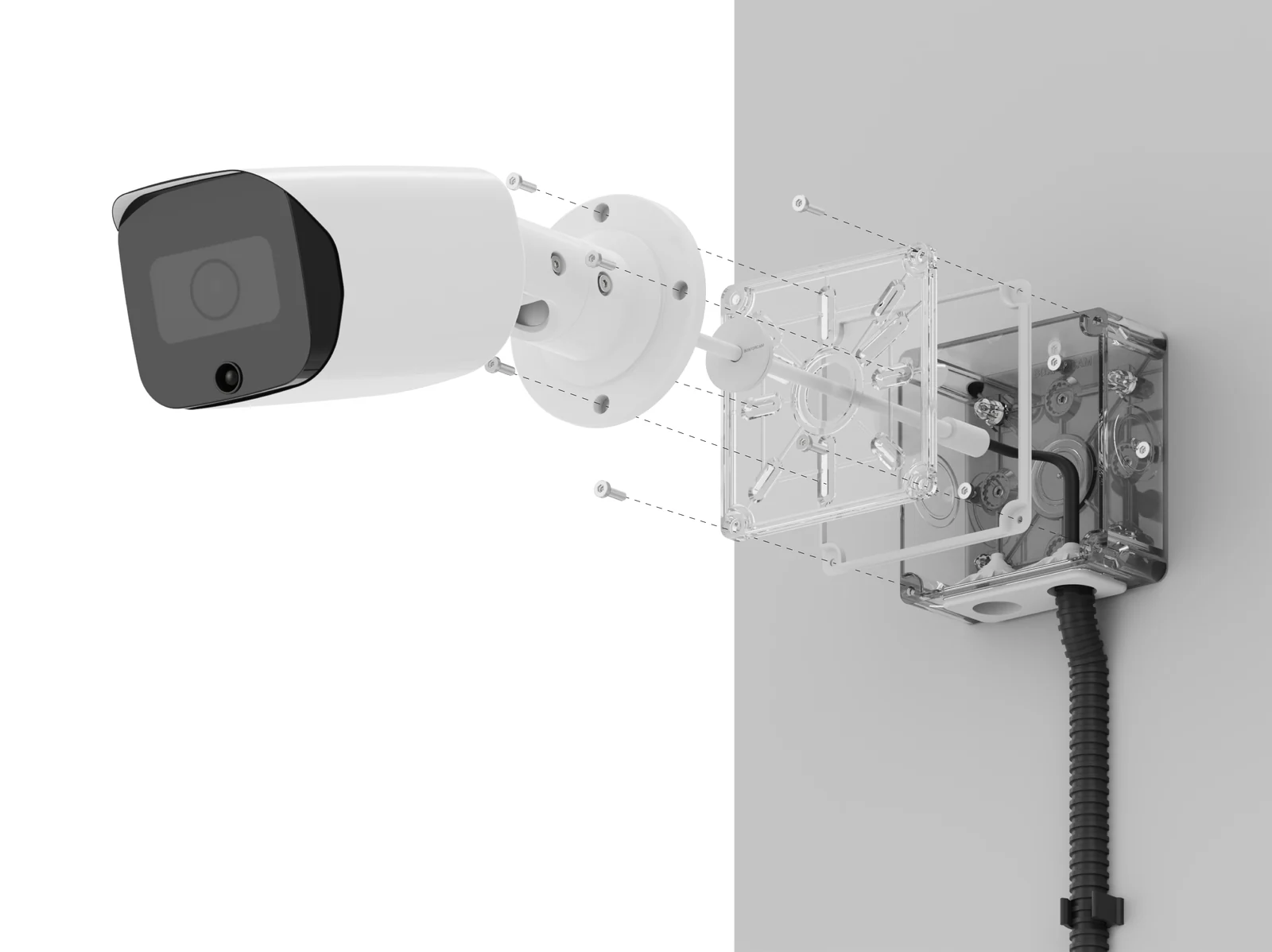 Рендер: камера на коробке BOXFORCAM™ MONO, закреплённой на стене, кабель уходит в гофру
