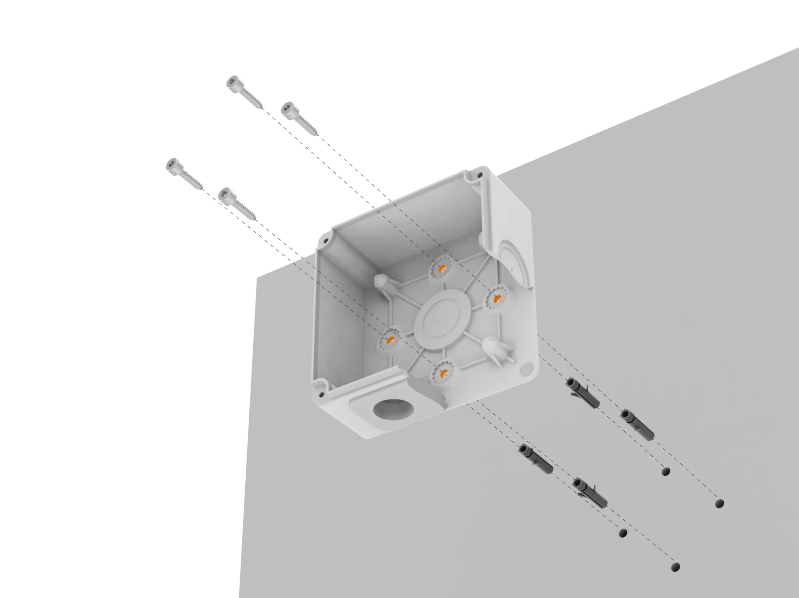 Рендер: коробка BOXFORCAM™ MONO крепится к стене четырьмя дюбелями через отверстия корпуса