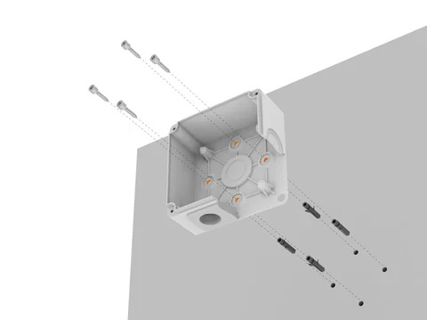 Рендер: коробка BOXFORCAM™ MONO крепится к стене четырьмя дюбелями через отверстия корпуса
