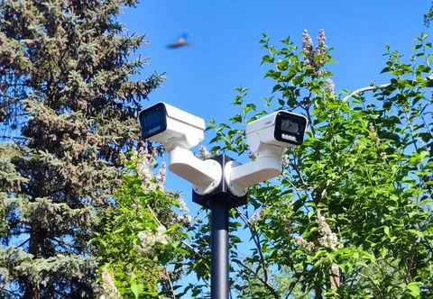 Две камеры на чёрной мачте BOXFORCAM™ развёрнуты в разные стороны, фон — синее небо