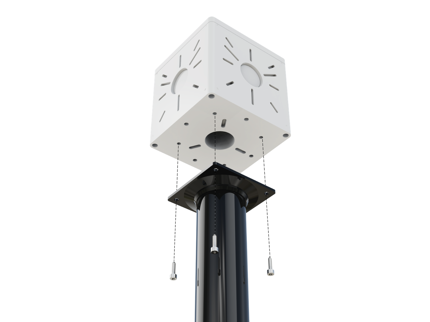 Схема монтажа: крепление коробки BOXFORCAM™ 4K к мачте — пунктирная технич. схема