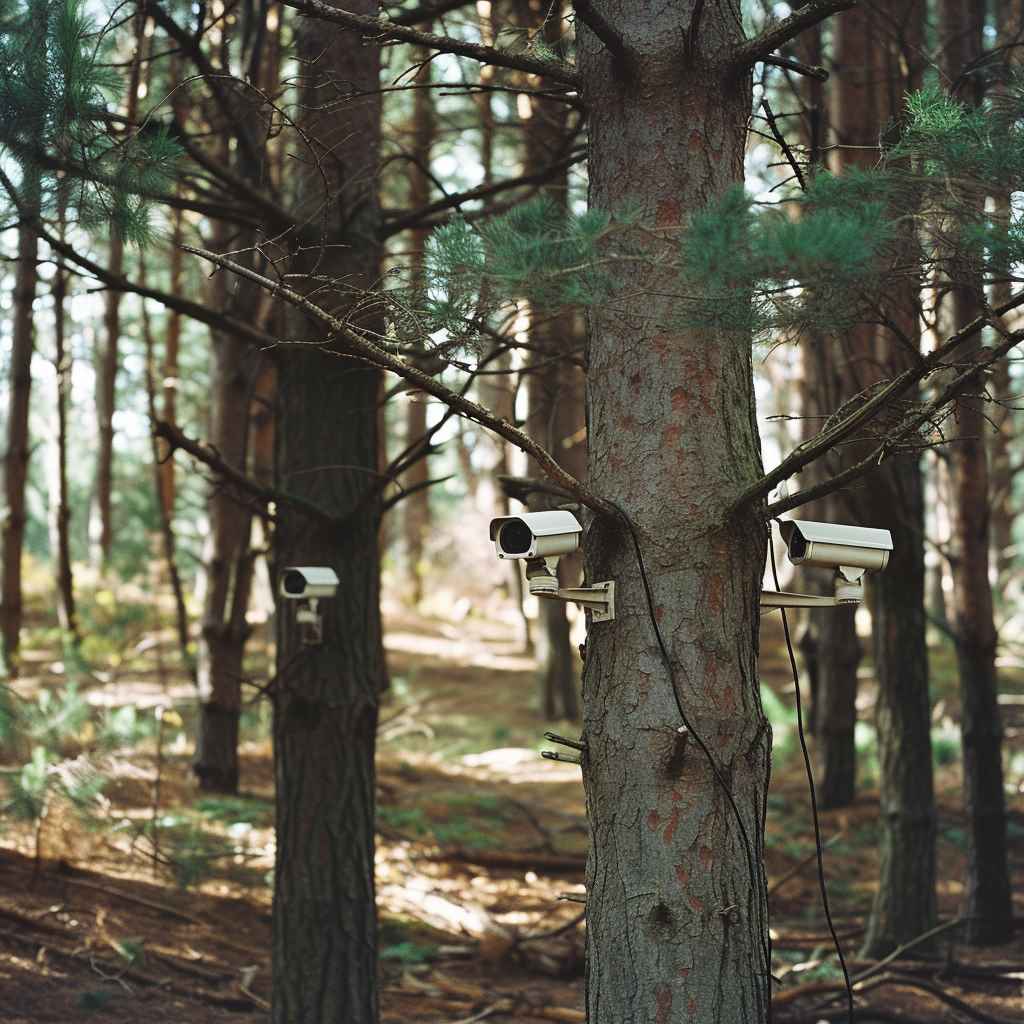 Камеры и кабели на деревьях